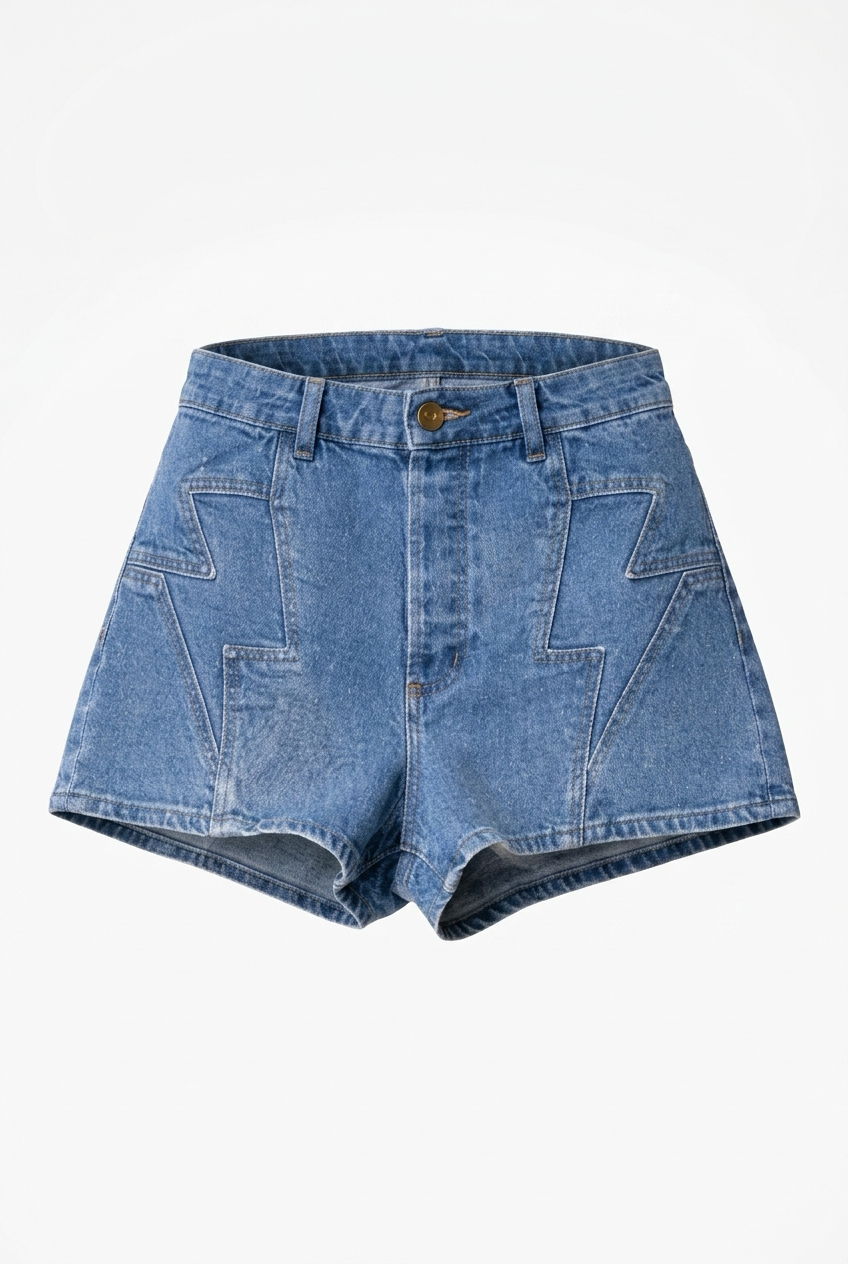 Blue denim shorts on a white background