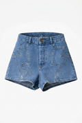 Blue denim shorts on a white background