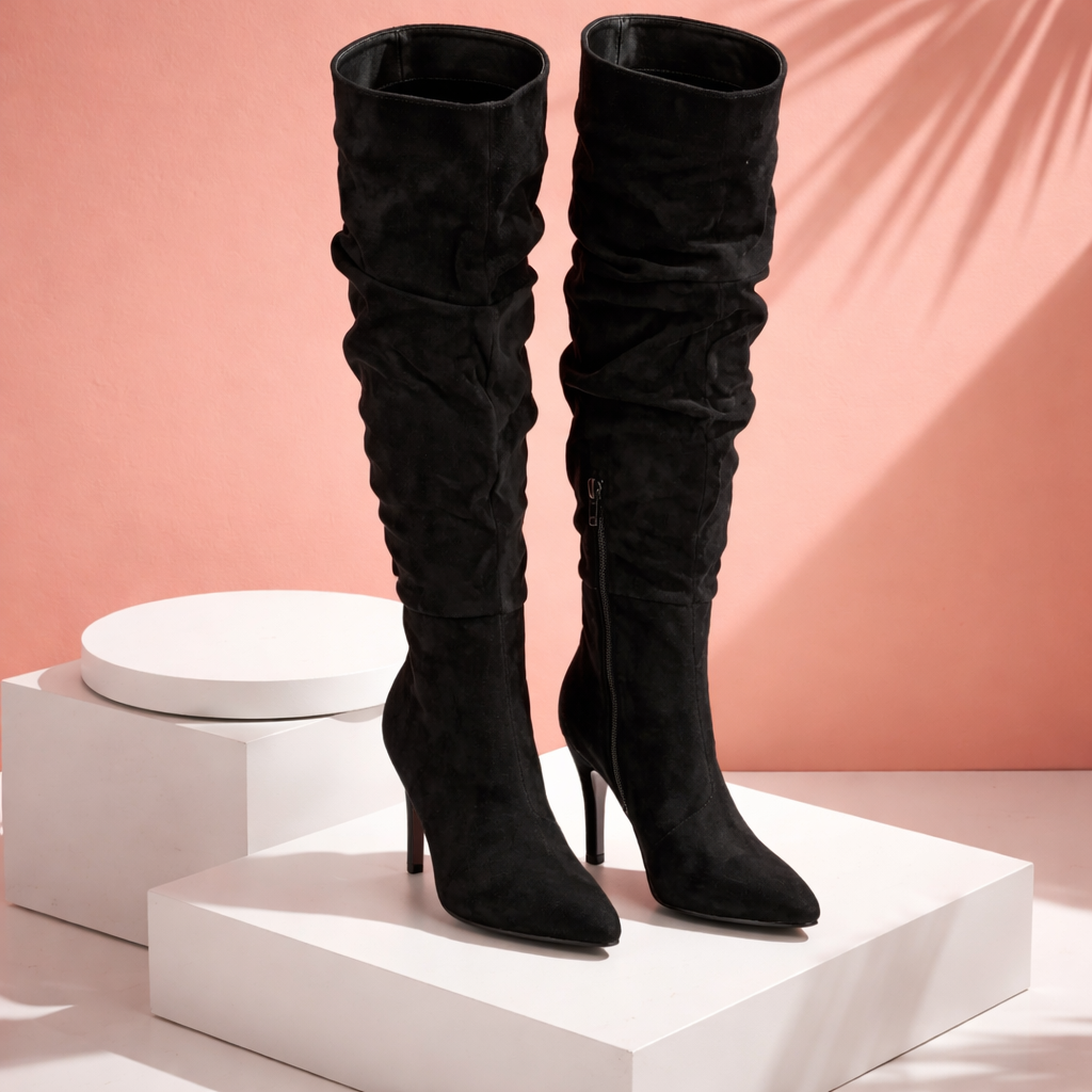 Black knee-high boots on a white platform with a pink background