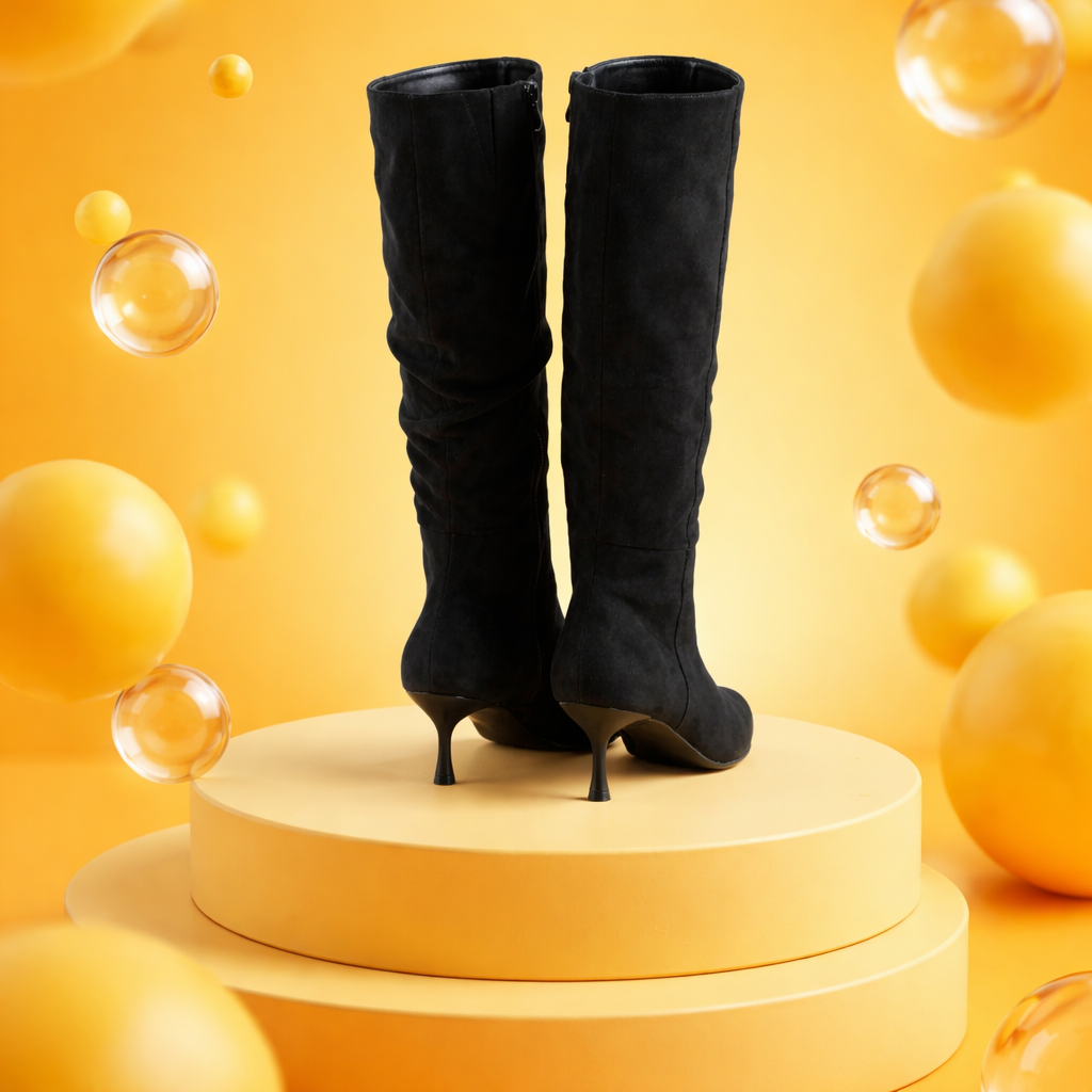 Black knee-high boots on a yellow pedestal with a bubble and lemon background