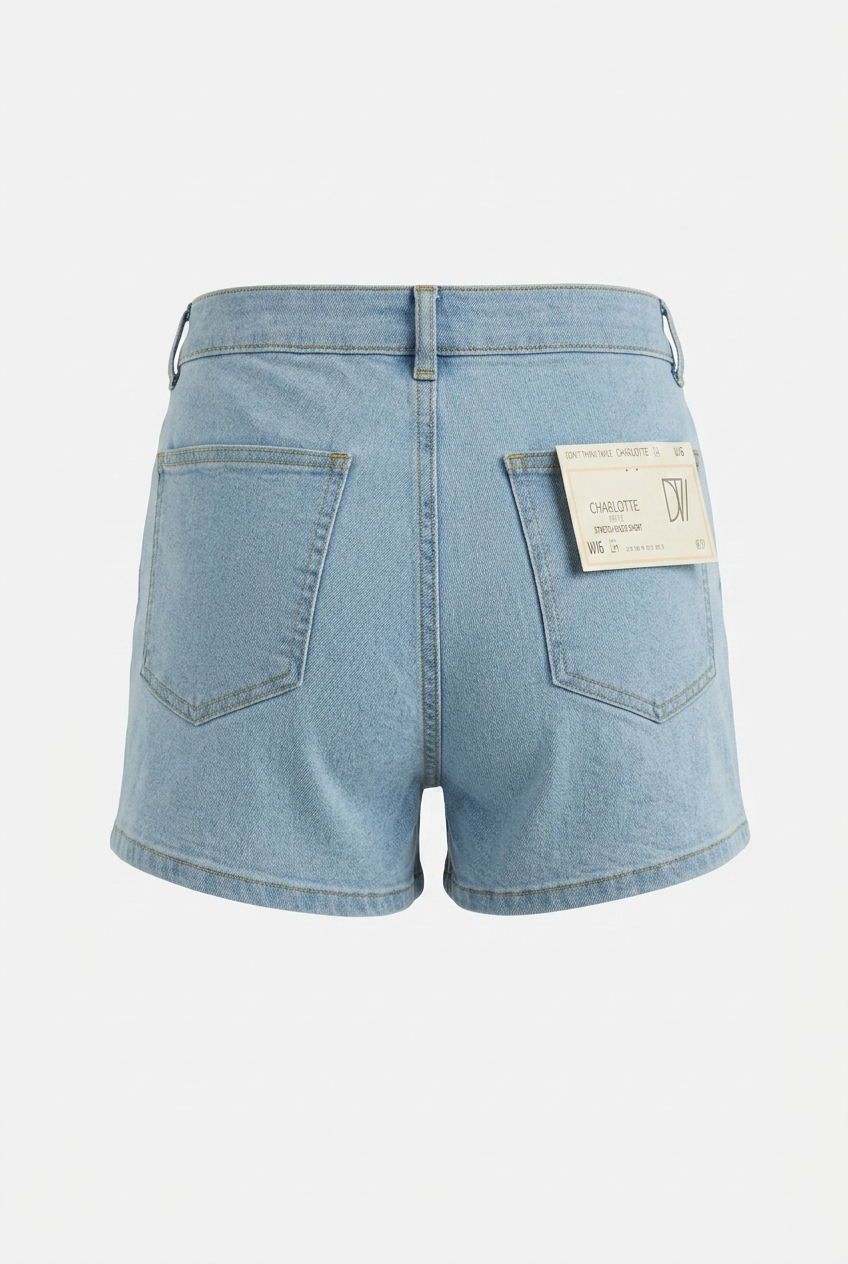 Light blue denim shorts on a white background
