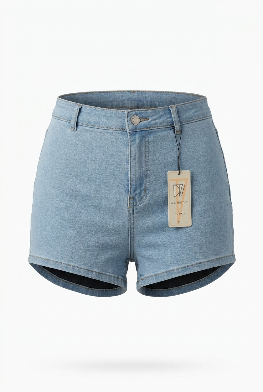 Blue denim shorts with a tag on a white background