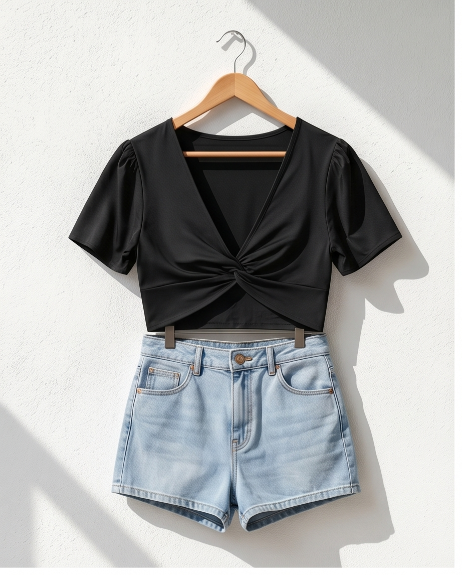 Black top with knot detail and light blue denim shorts on a hanger against a white background