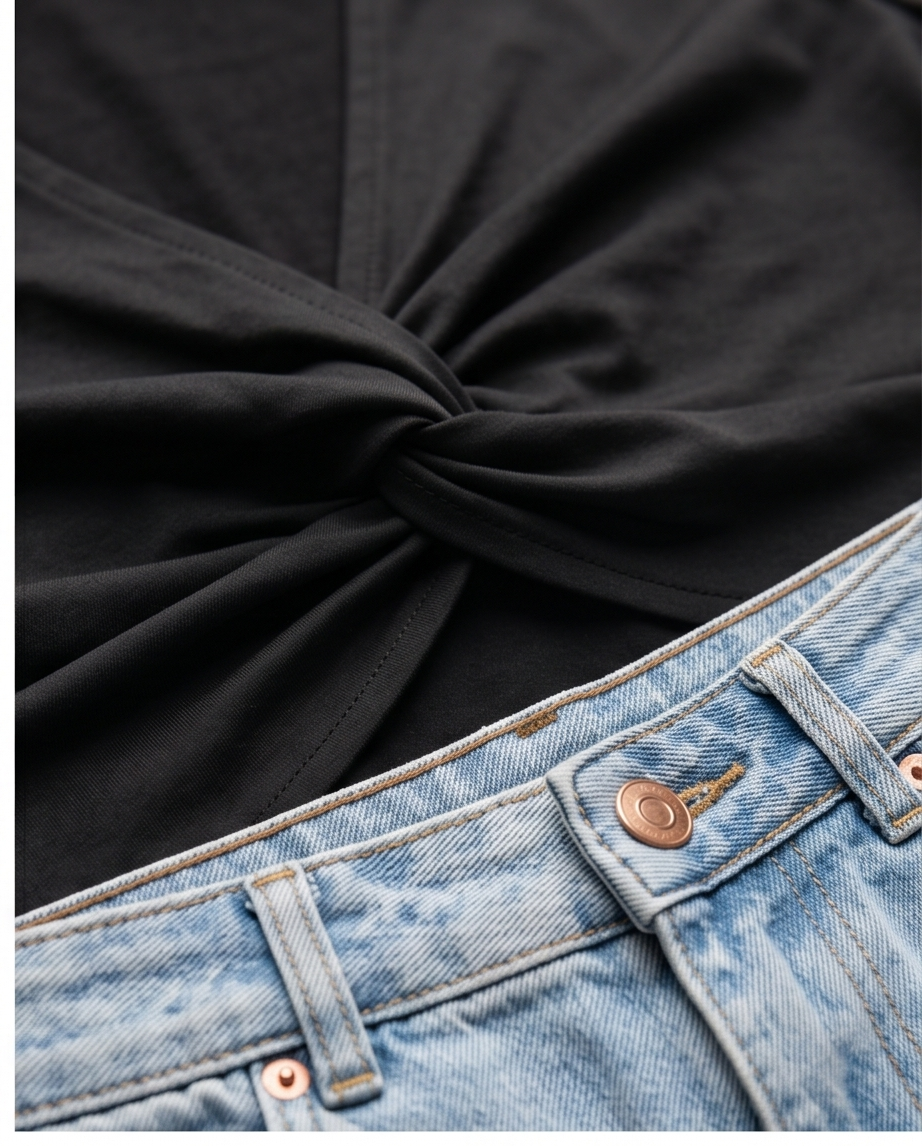 Close-up of a black top with a knot and light blue jeans with button details.
