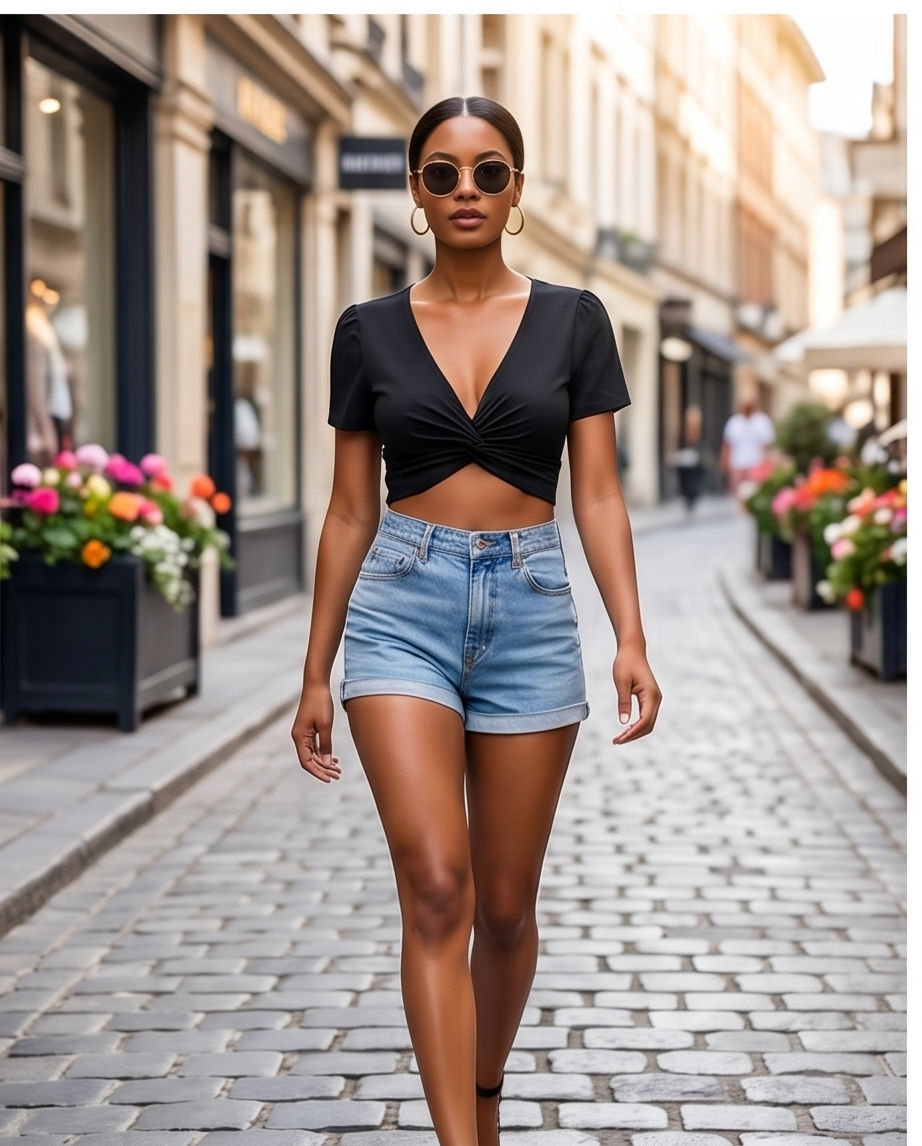 Woman walking on a street wearing a black top and denim shorts.