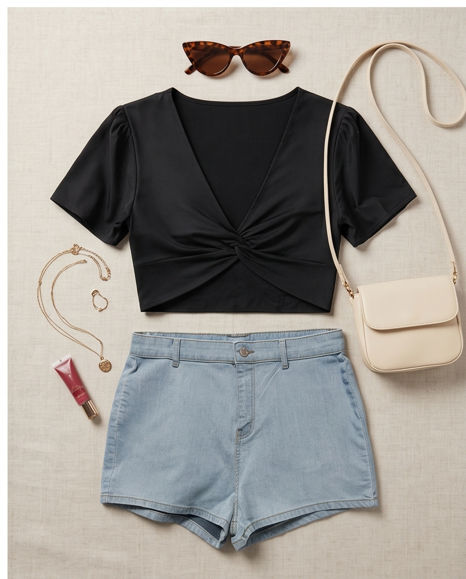 Black top, denim shorts, beige crossbody bag, sunglasses, and jewelry on a beige background