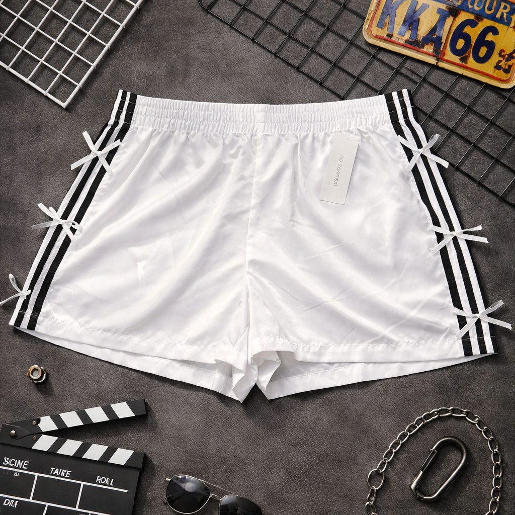 White shorts with black stripes on a dark surface with film-related props.