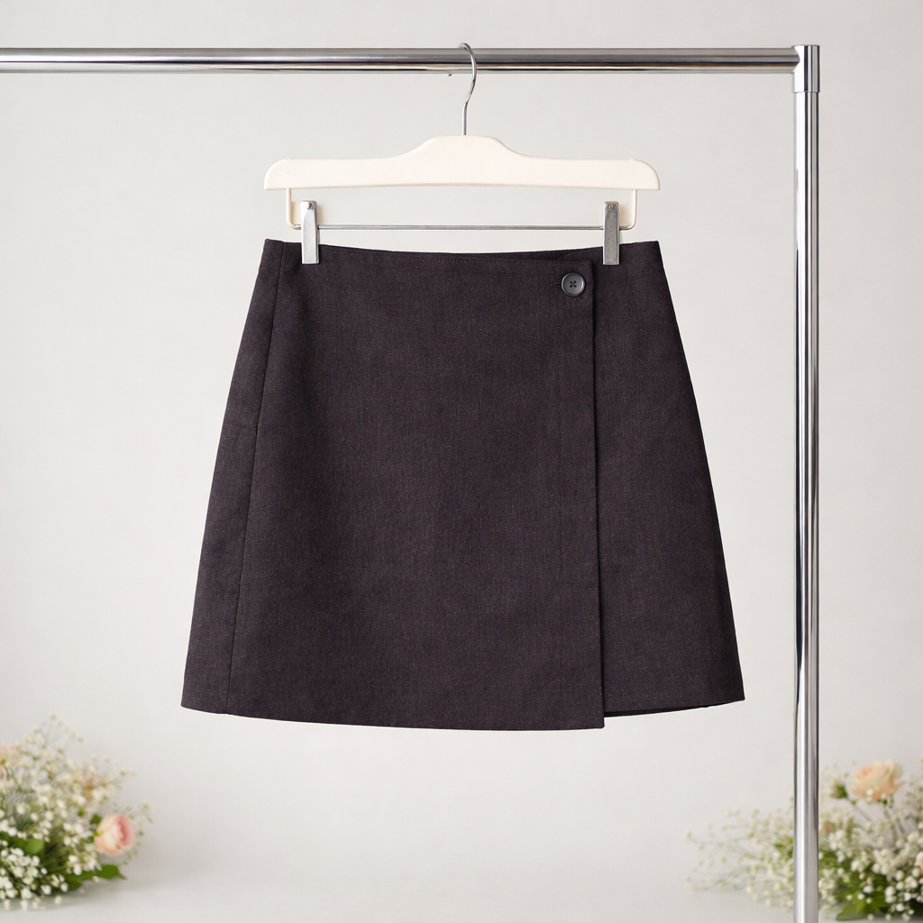 Black skirt on a hanger against a white background with flowers at the base.