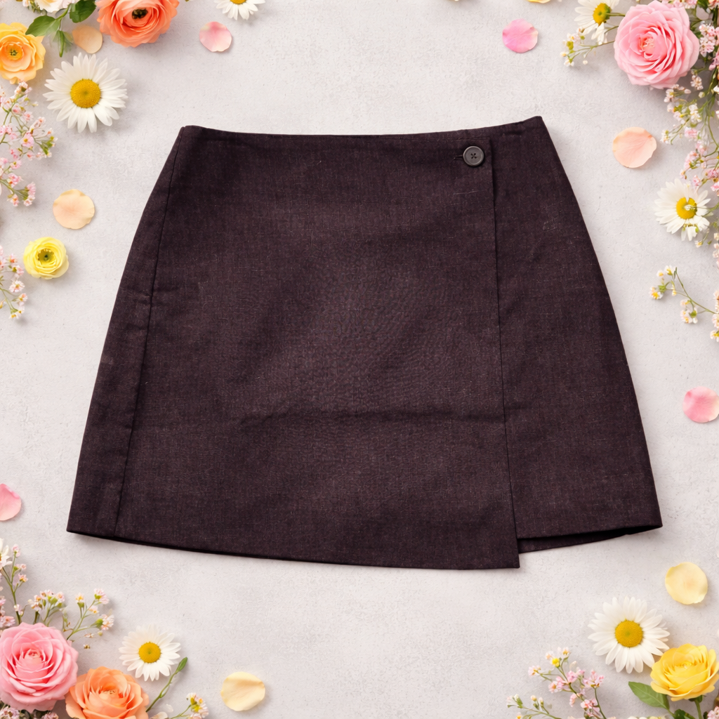 Black skirt on a light gray background with flowers around