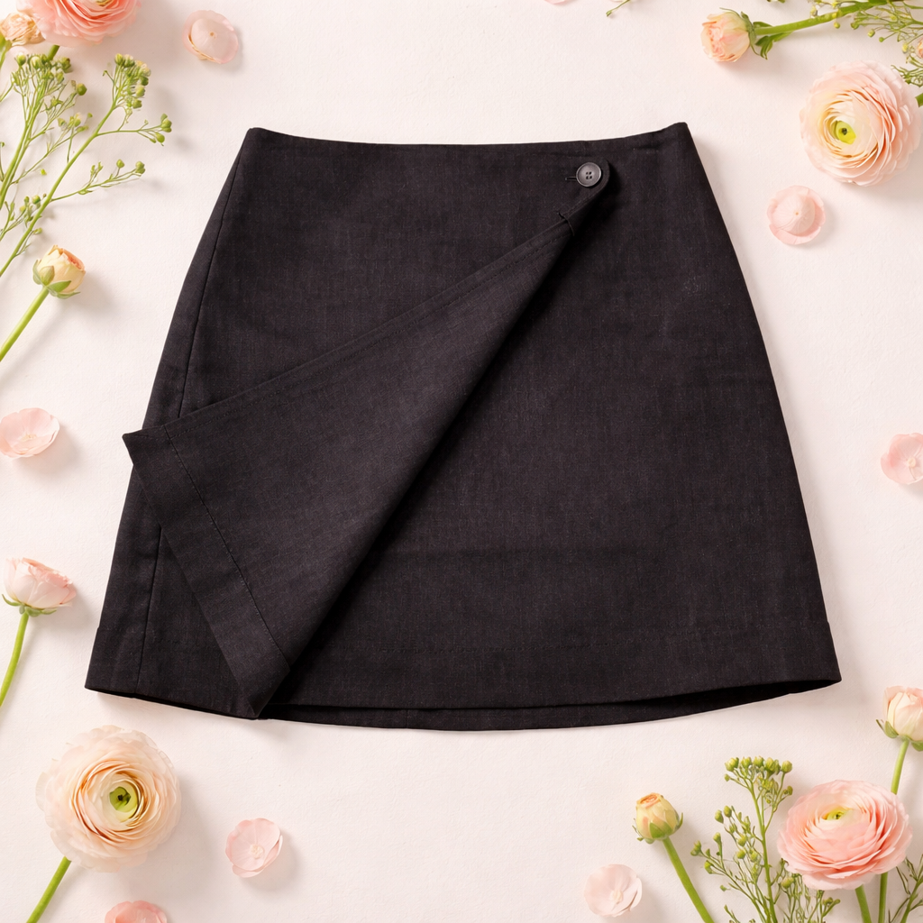 Black Calvin Klein skirt on a white background with pink flowers