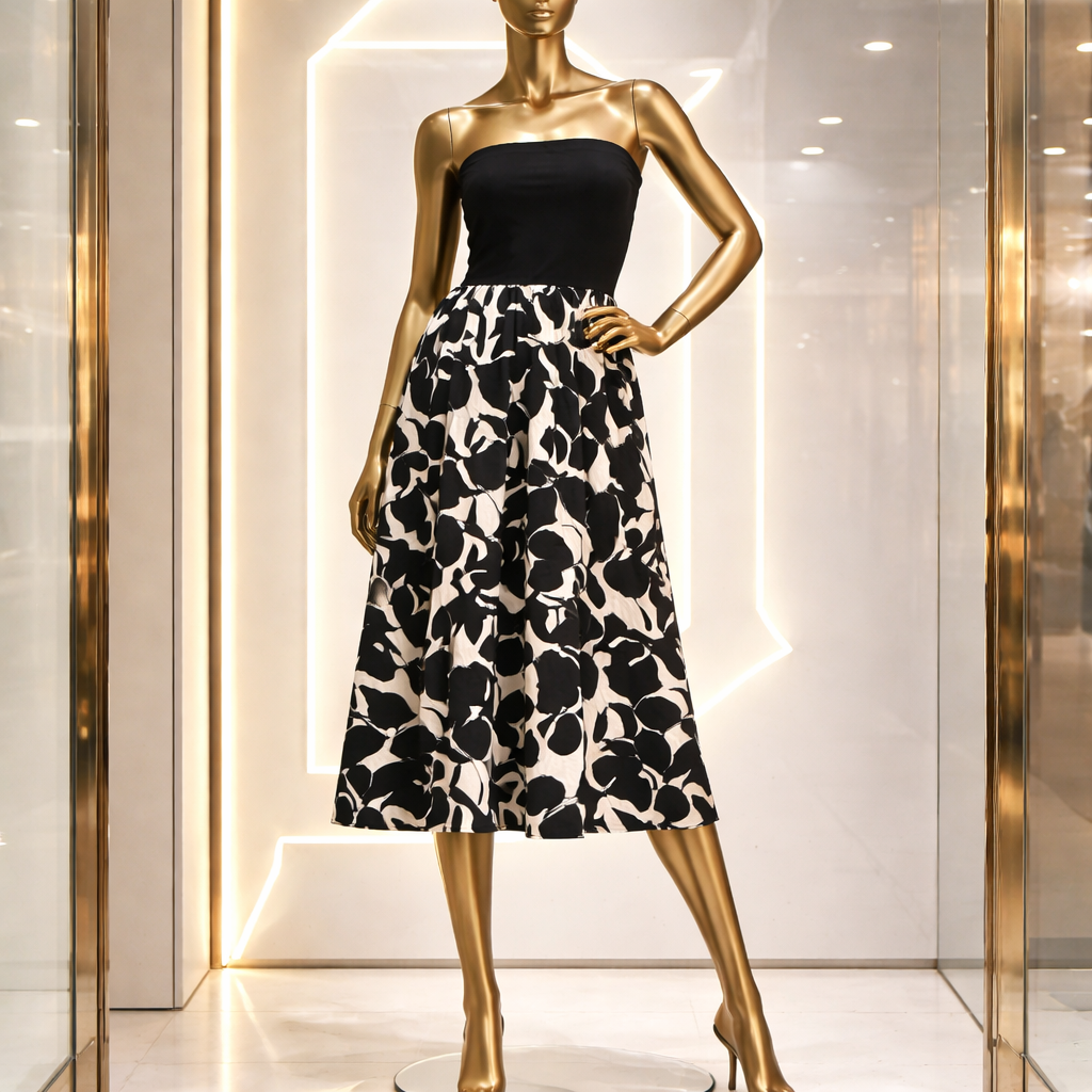 Mannequin wearing a black strapless top and black and white floral skirt in a store setting.