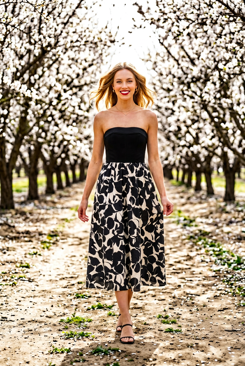 Woman in a black and white patterned dress standing in a blossoming orchard.
