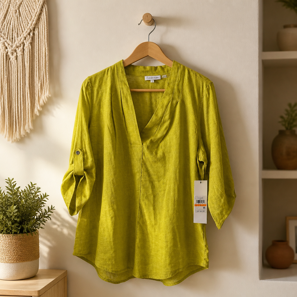 Green shirt on a hanger against a neutral wall with decorative elements.