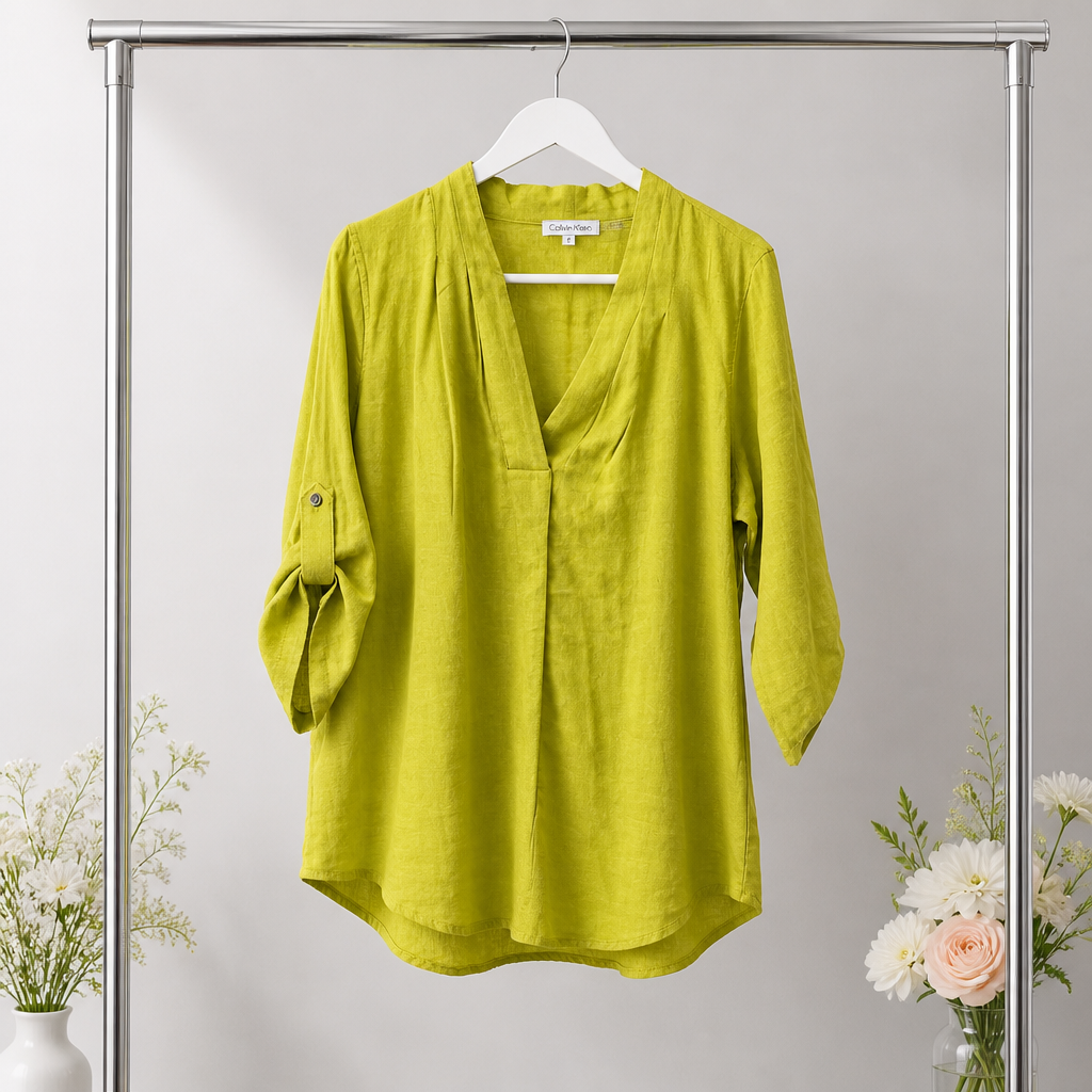 Green blouse on a hanger against a gray background with floral decorations.