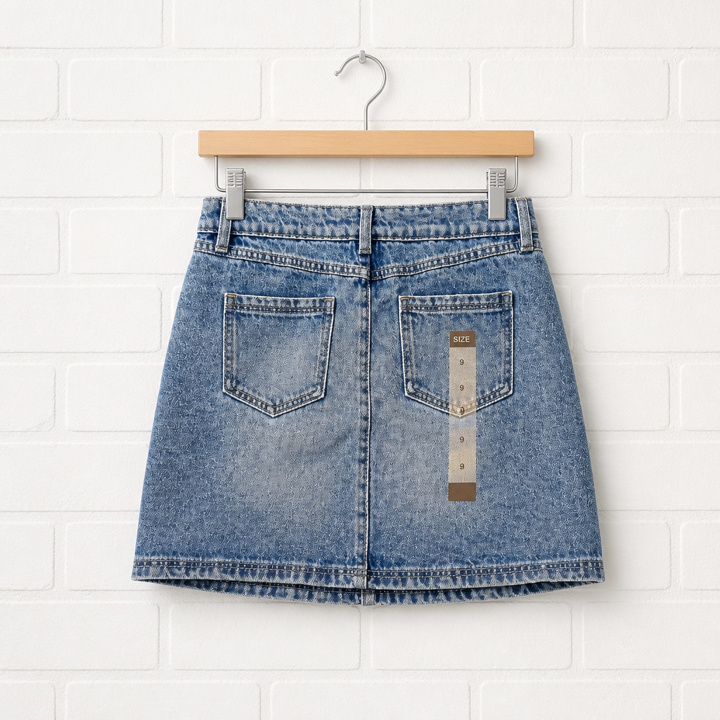 Blue denim skirt on a wooden hanger against a white brick wall.