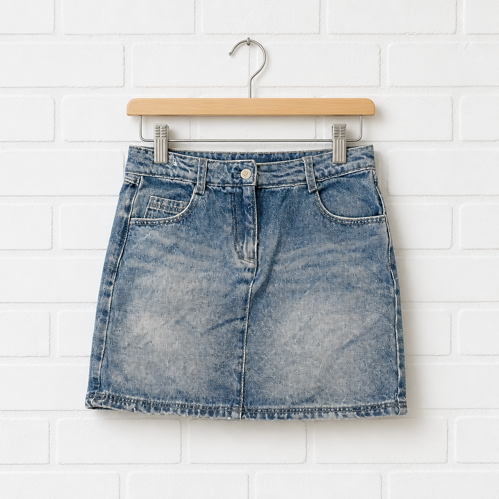 Blue denim skirt on a wooden hanger against a white brick wall.
