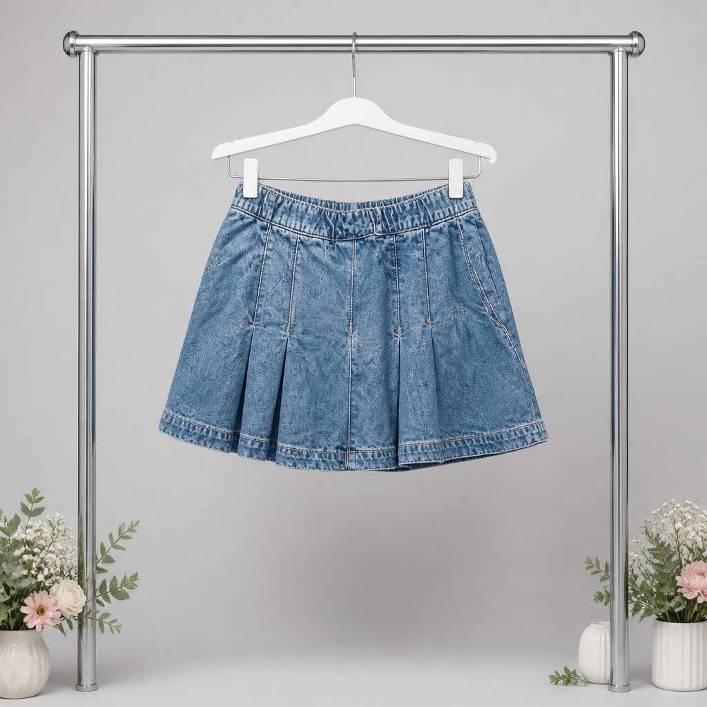 Blue denim skirt on a hanger against a gray background with decorative elements.