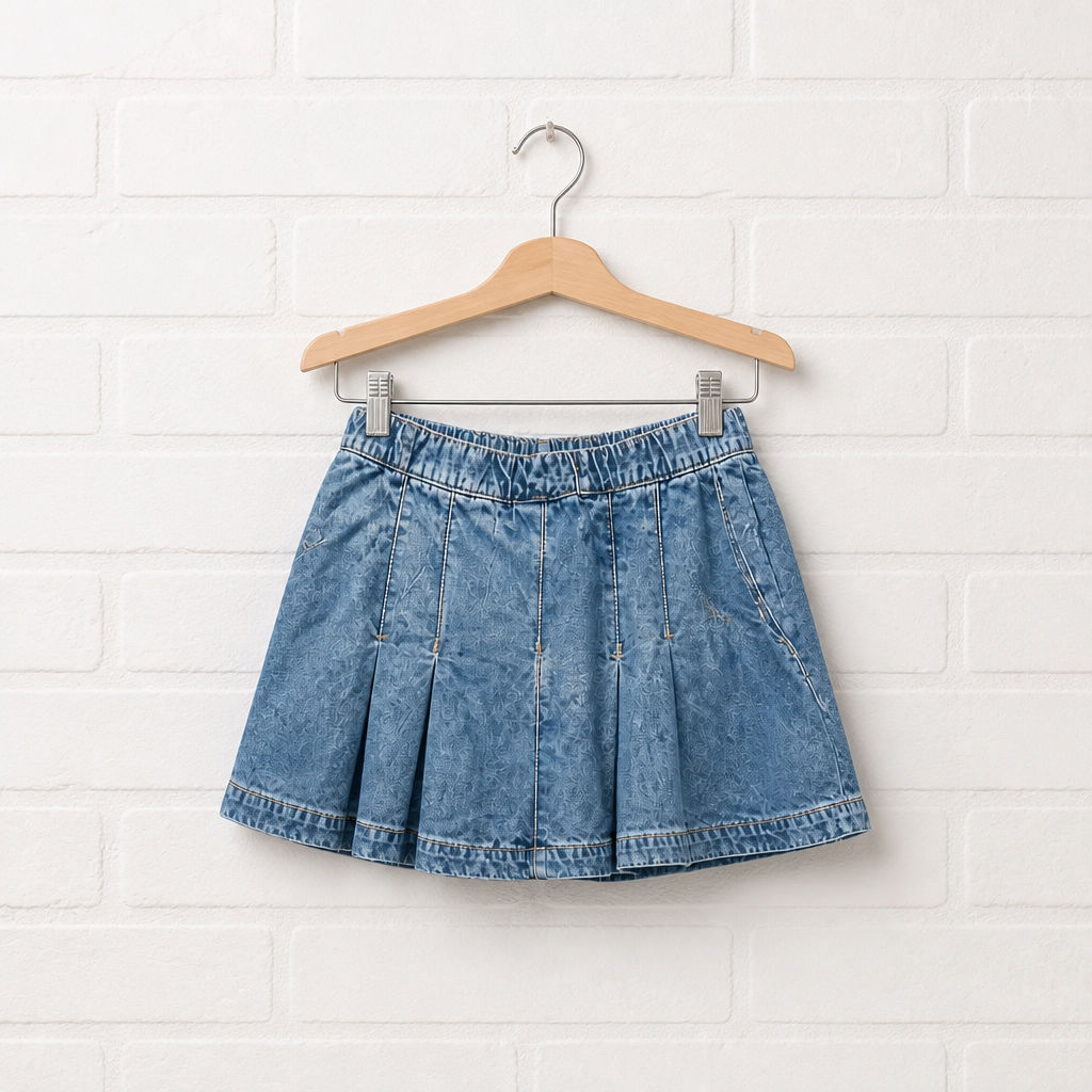 Blue denim skirt on a wooden hanger against a white brick wall.