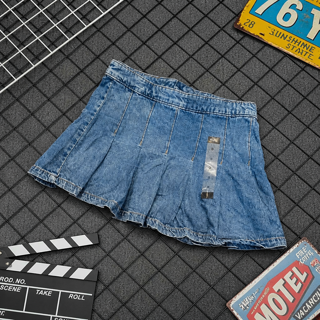 Blue denim shorts on a grid surface with movie props like a clapperboard and motel sign.