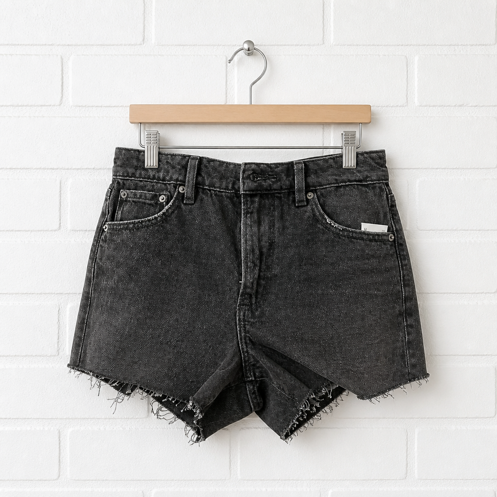 Black denim shorts on a wooden hanger against a white brick wall.