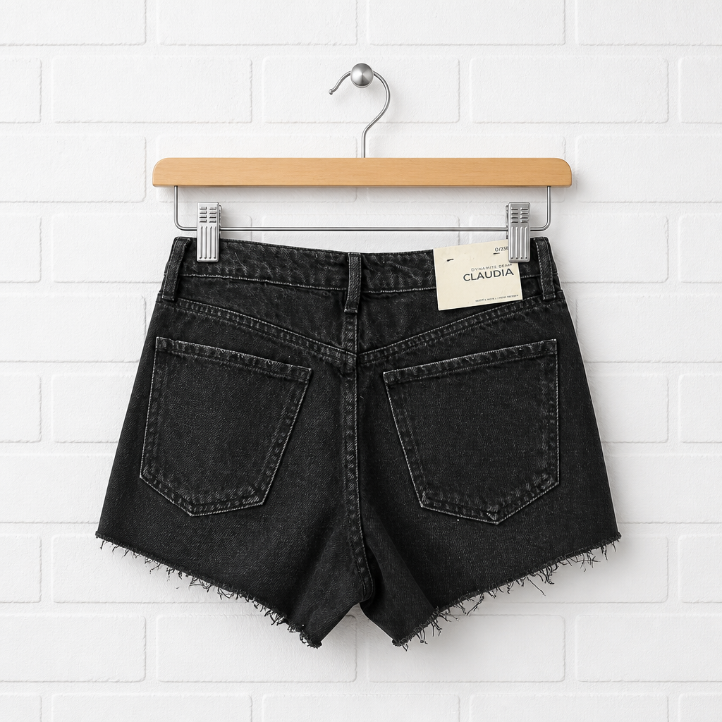 Black denim shorts on a hanger against a white tiled wall