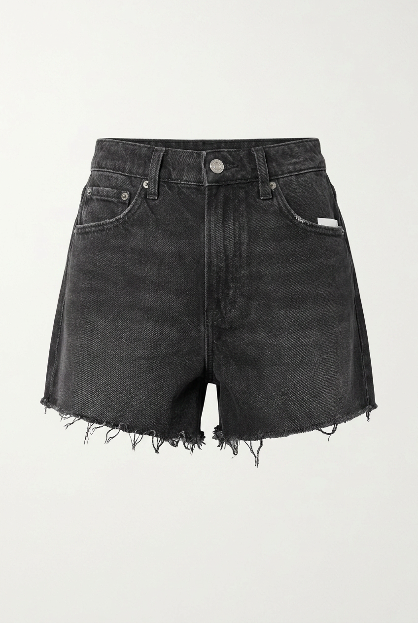 Black denim shorts on a white background