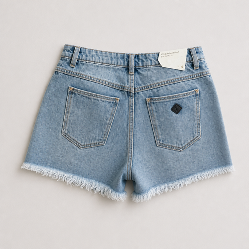 Light blue denim shorts with a tag on a light gray background