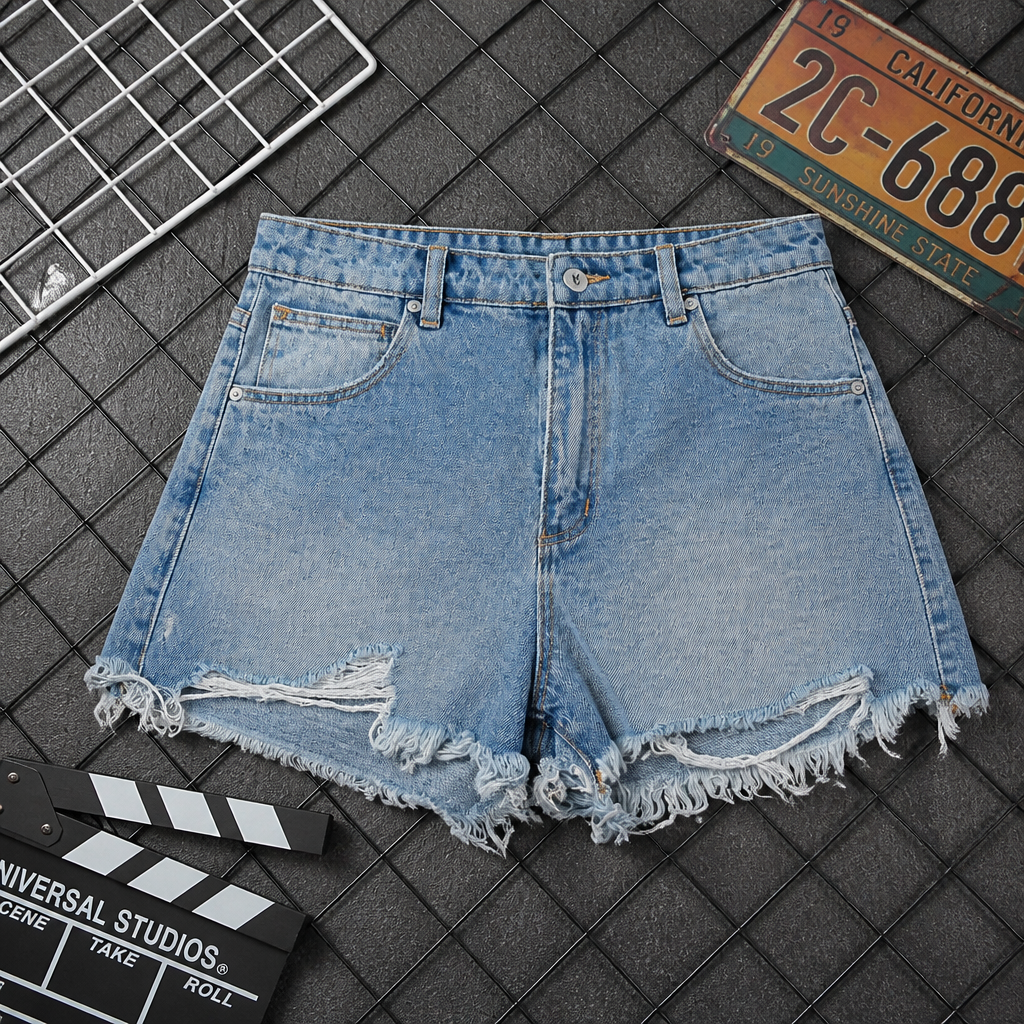 Light blue denim shorts on a black tiled floor with a clapperboard and license plate.