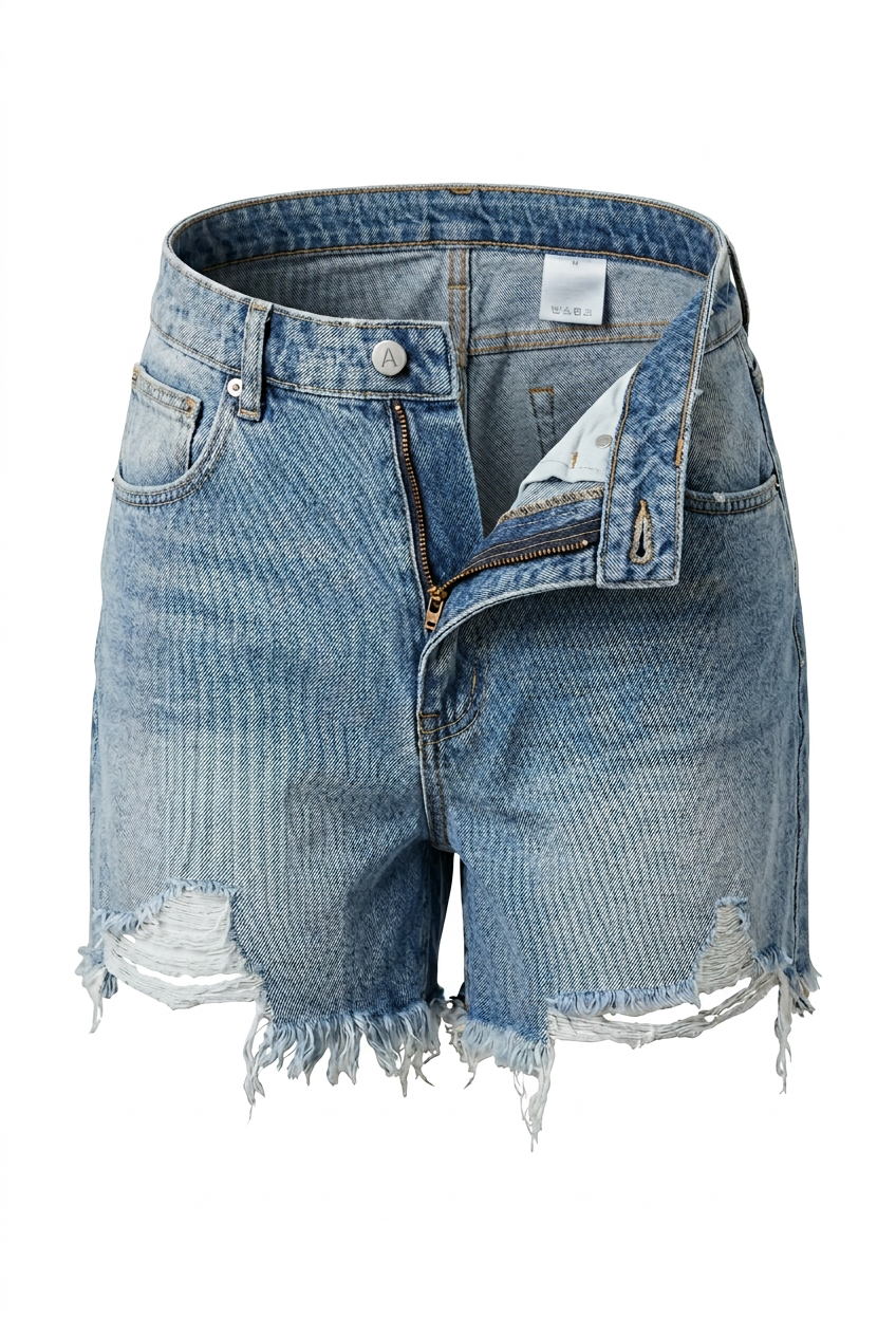 Denim shorts with frayed edges on a white background