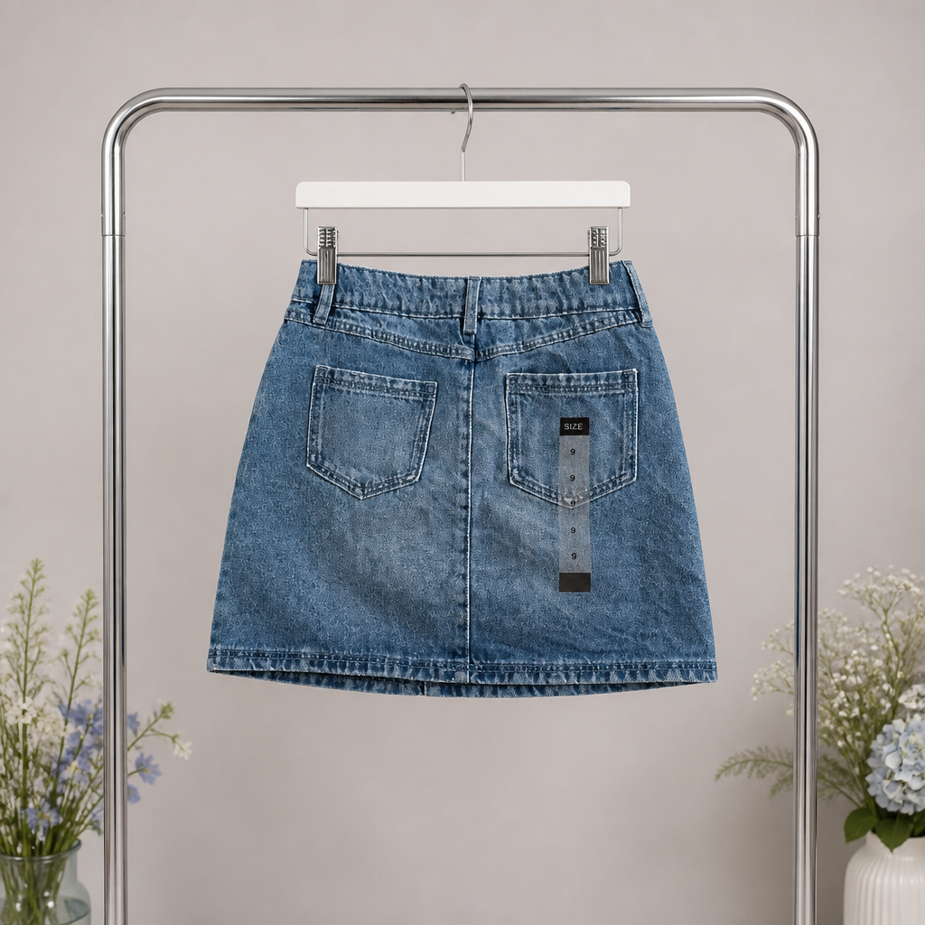 Blue denim skirt hanging on a rack against a plain background