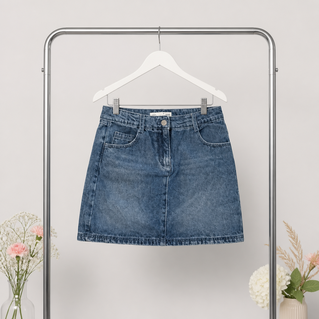 Blue denim skirt hanging on a rack with a neutral background