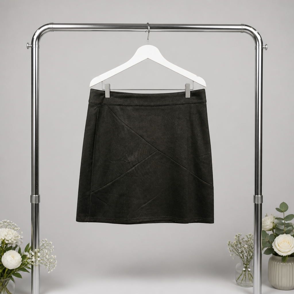 Black skirt on a hanger against a gray background with floral decorations.