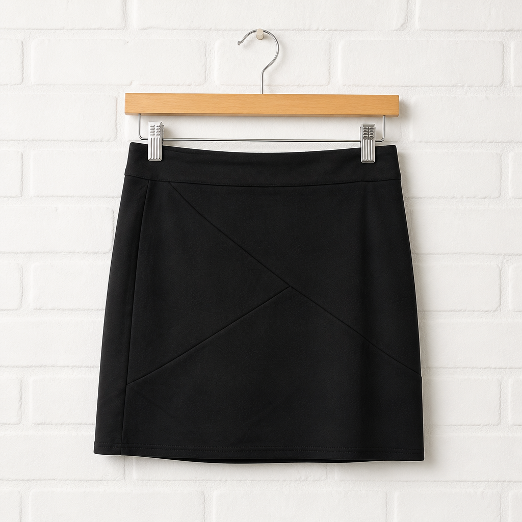 Black skirt on a wooden hanger against a white brick wall.