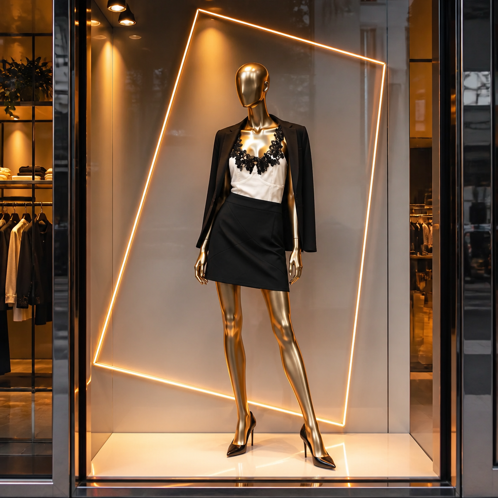 Mannequin in a stylish outfit inside a store with illuminated geometric frame.
