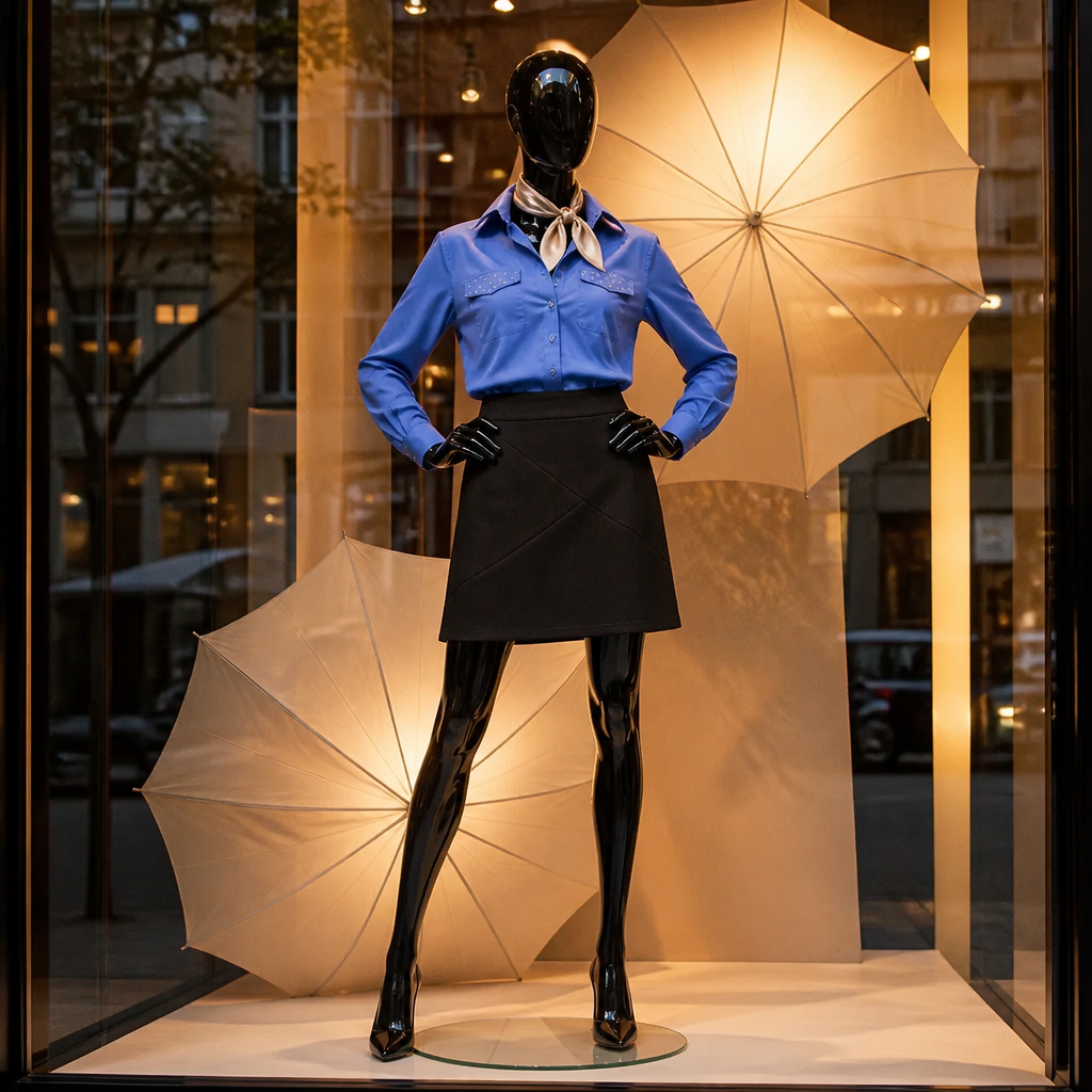 Mannequin wearing a blue shirt and black skirt with a beige umbrella in a store window.