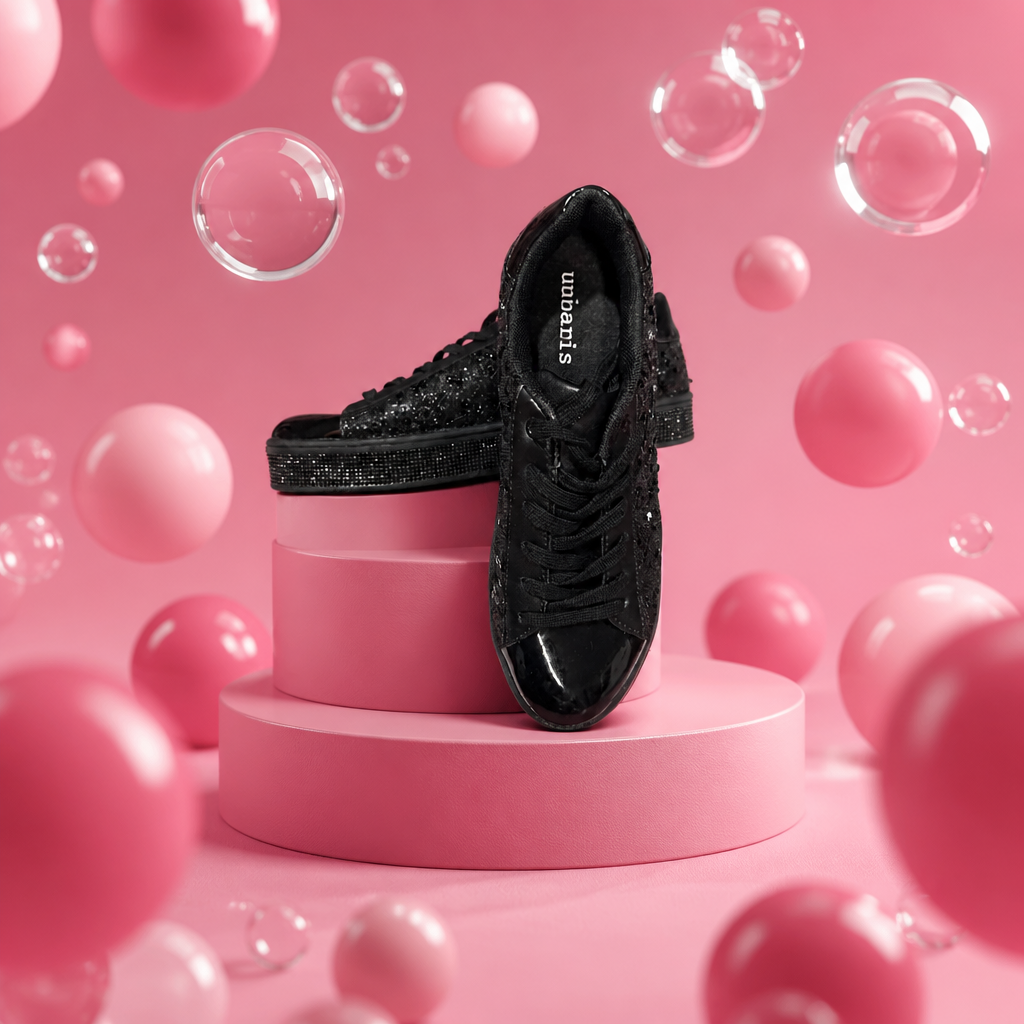 Black high-heeled shoes on a pink platform with pink bubbles and spheres in the background
