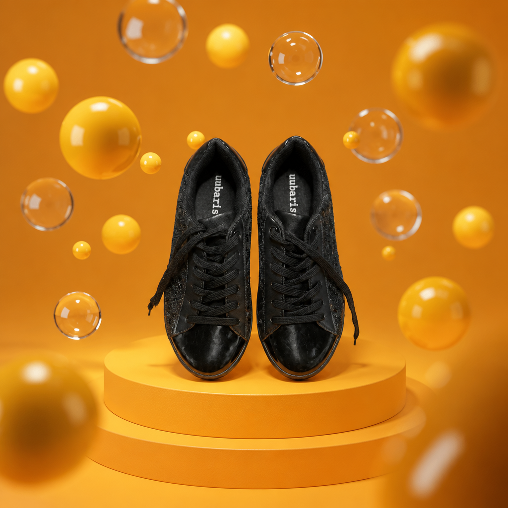 Black sneakers on a yellow pedestal with bubbles against an orange background