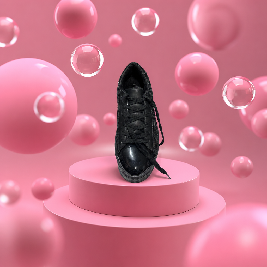Black sneaker on a pink pedestal with pink bubbles in the background