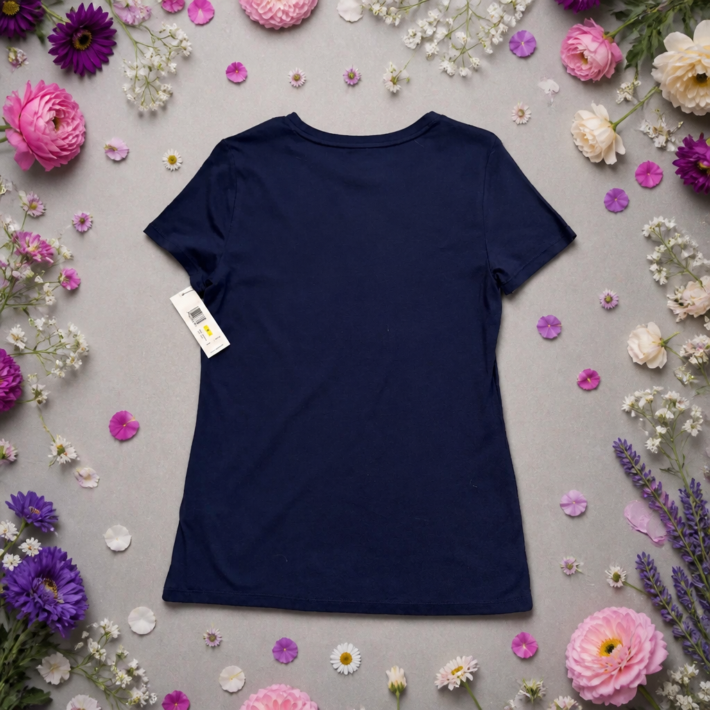 Navy blue t-shirt with a tag on a gray background surrounded by colorful flowers