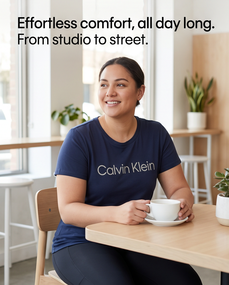 Woman wearing a Calvin Klein shirt sitting at a table with a cup, with text about comfort.