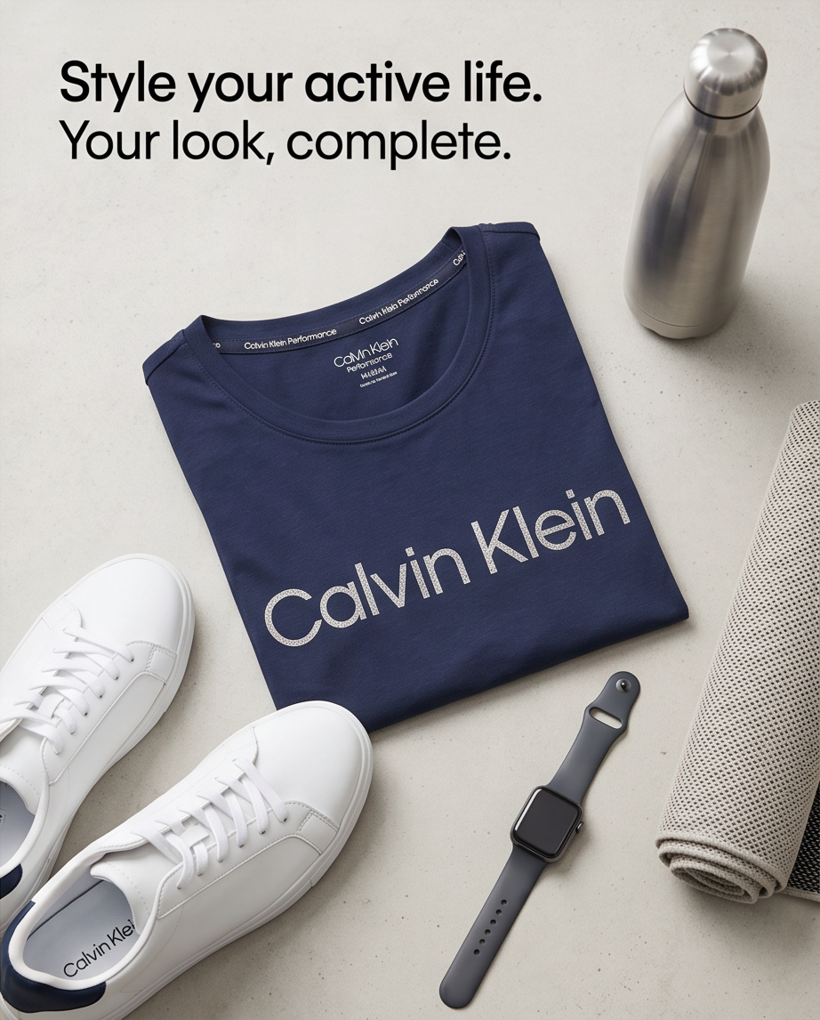 Calvin Klein t-shirt, white sneakers, smartwatch, and water bottle on a light surface with promotional text.
