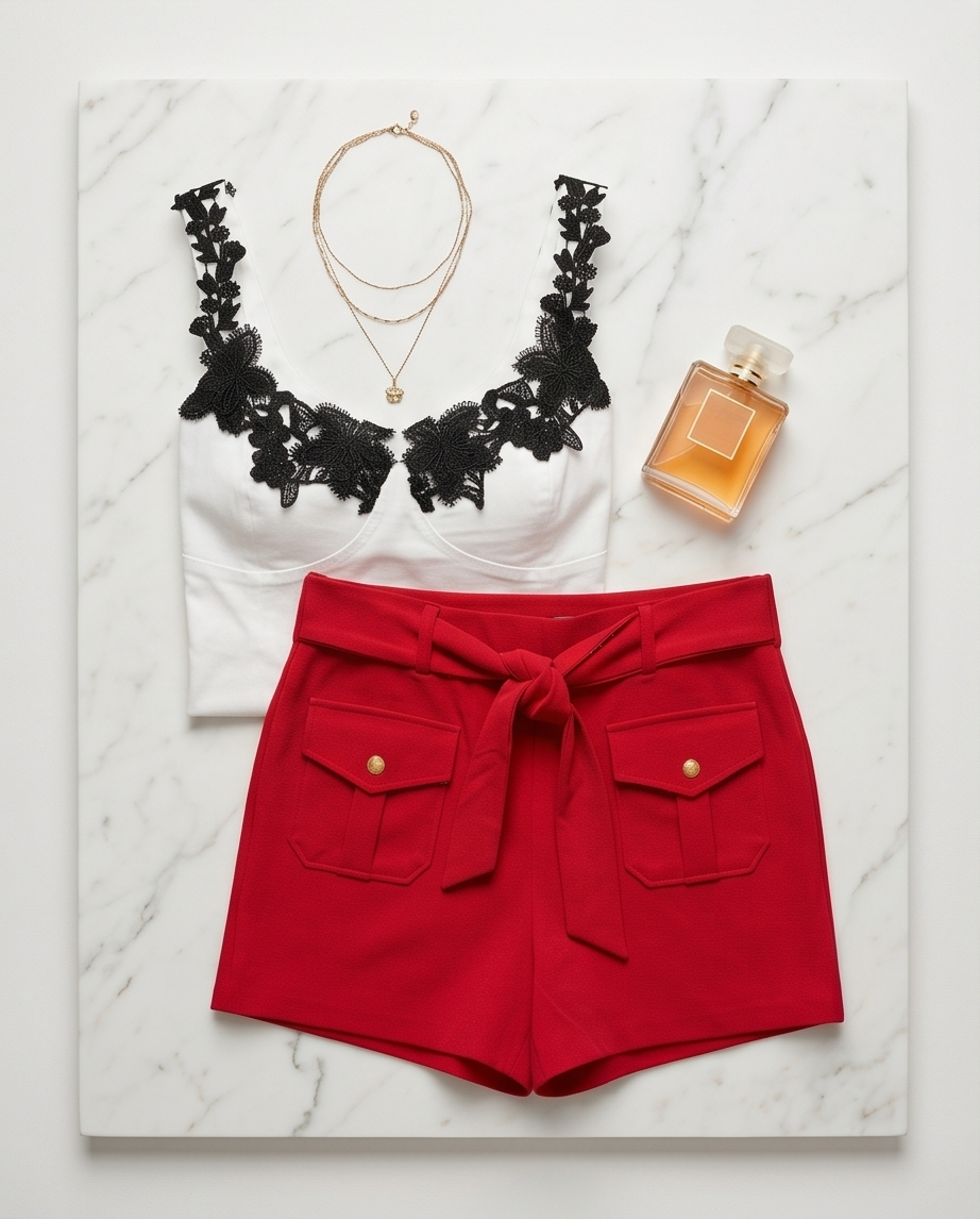 White top with black lace details, red shorts, necklace, and perfume bottle on a marble surface