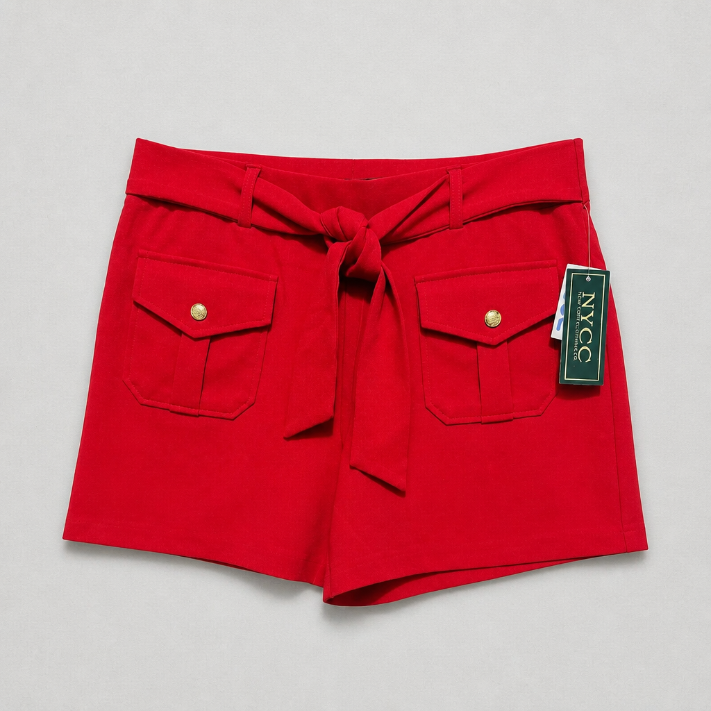 Red shorts with a tie waist and a tag on a light gray background