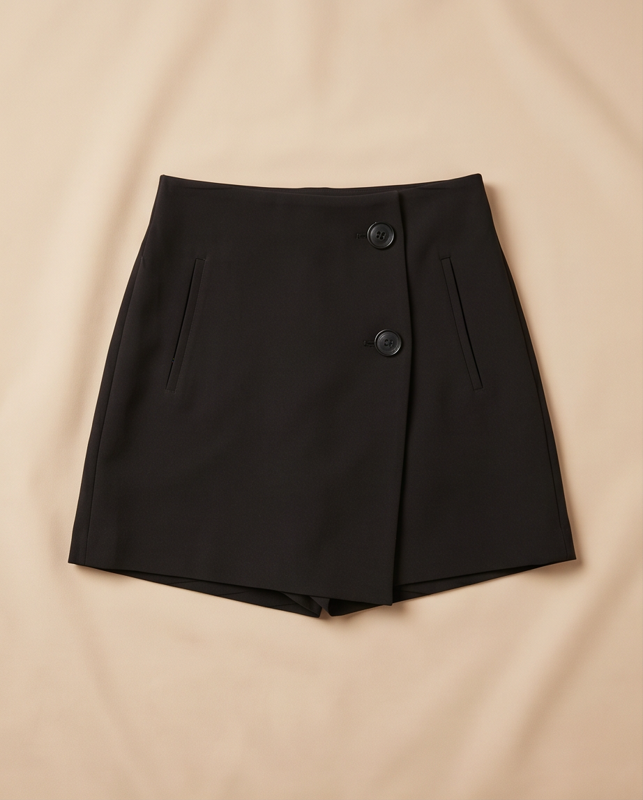 Black skirt with button details on a beige background