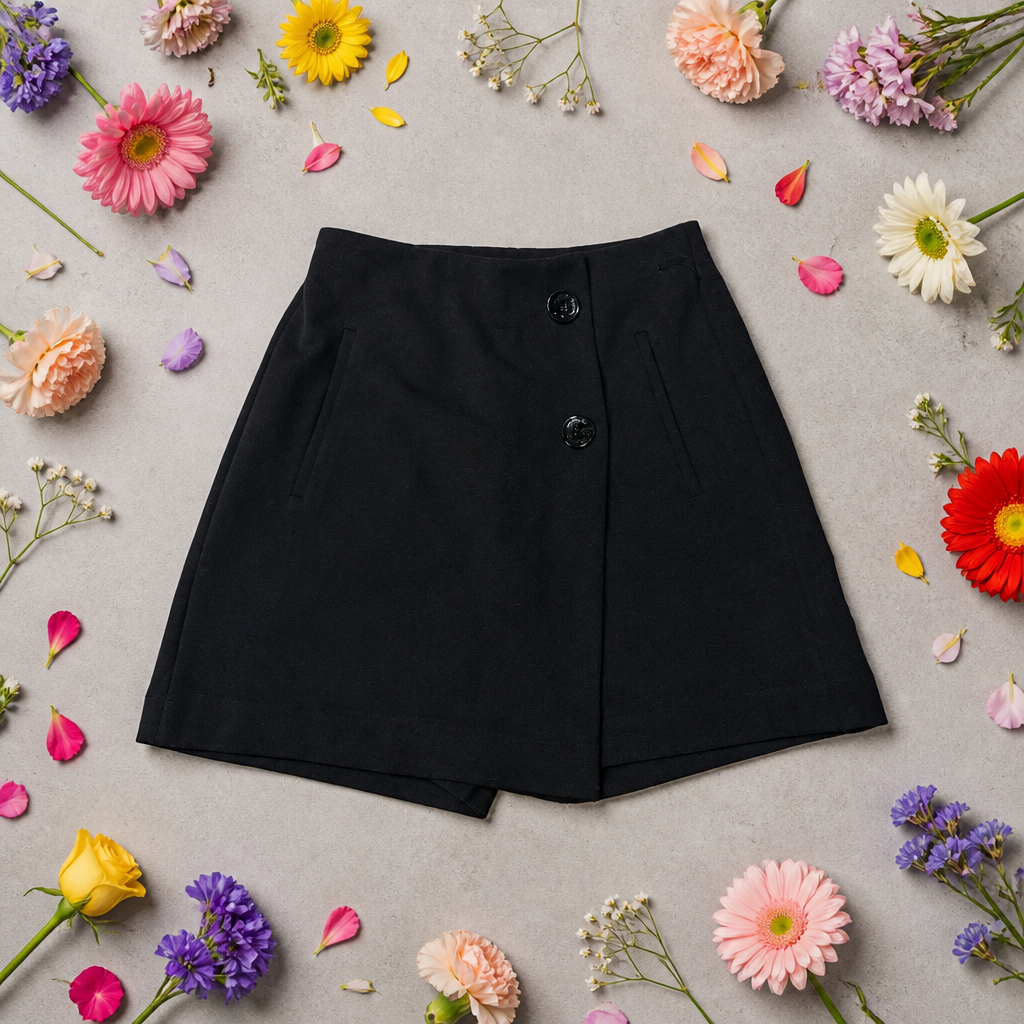 Black skirt on a gray background with colorful flowers around it
