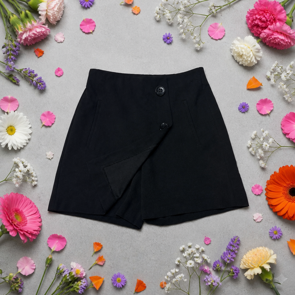 Black shorts on a gray background with colorful flowers around them