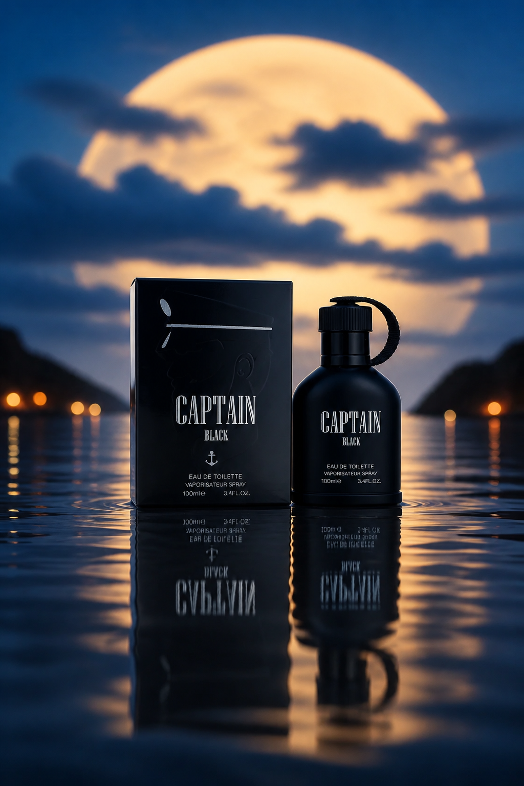 CAPTAIN BLACK bottle and packaging on water with a full moon in the background