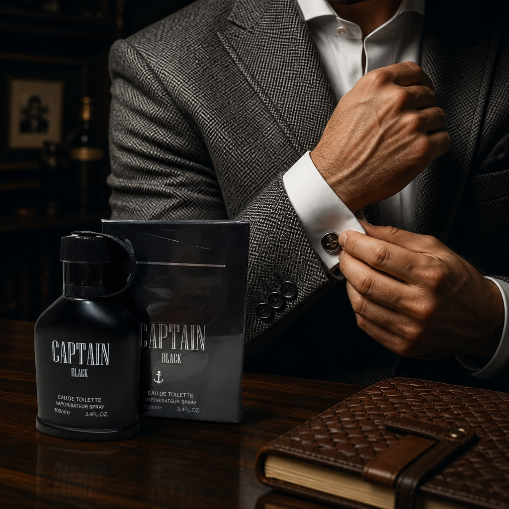 Man adjusting his suit jacket with Captain Black perfume bottle and packaging on a table.