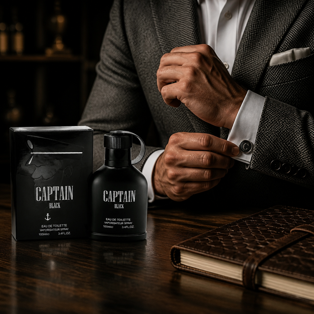 Man in a suit with Captain Black perfume bottle and packaging on a wooden surface