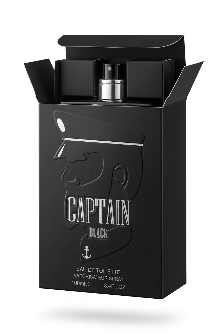 Black perfume bottle with packaging labeled 'Captain Black' on a white background